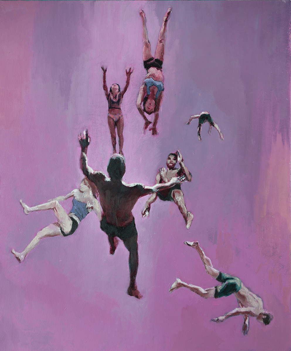 Painting of a cluster of acrobats painted during the 2020 pandemic